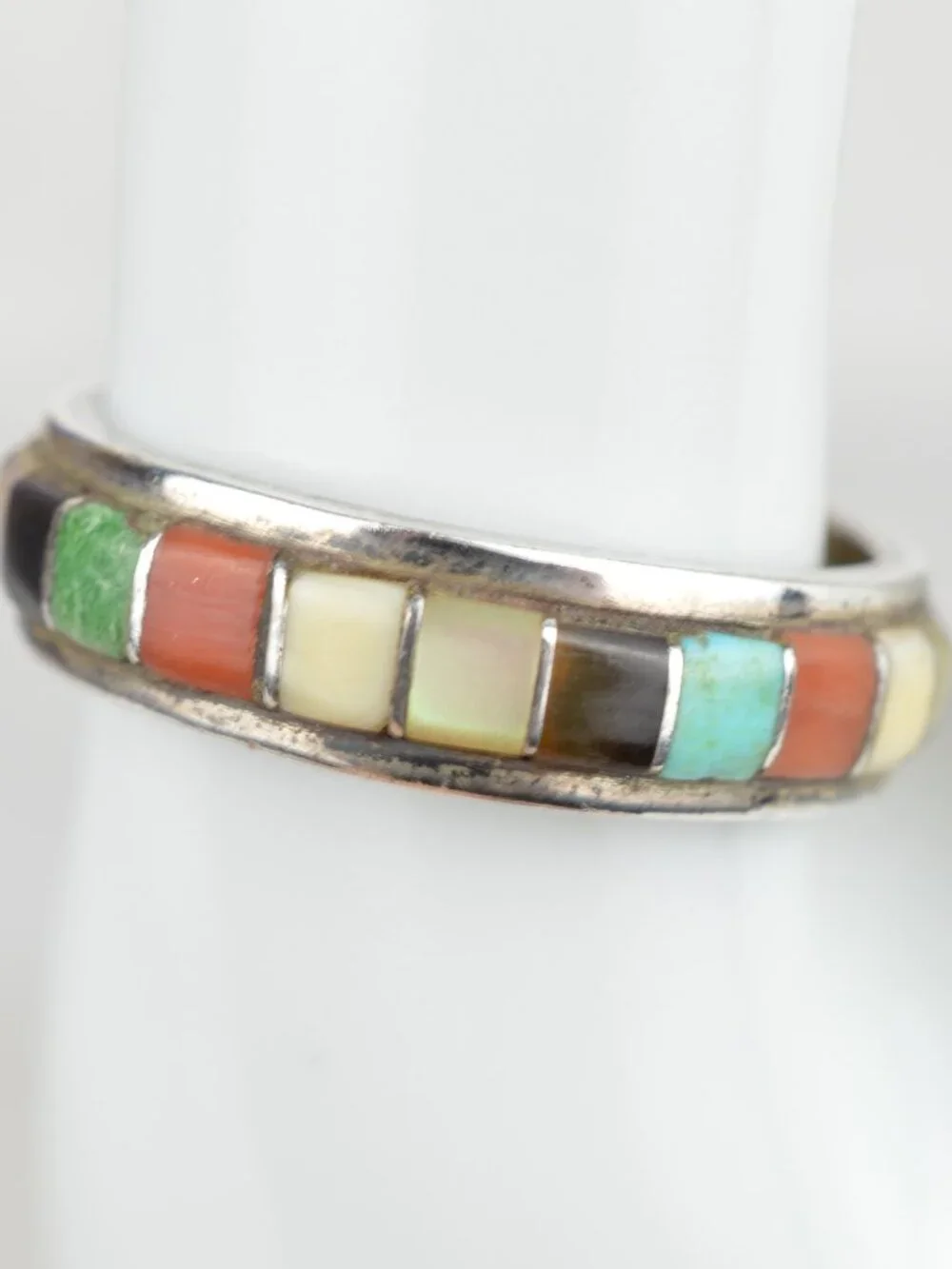 Vintage Navajo Sterling Silver Multi Stone Inlay Ring Band Sz 9 Southwest 4.3g - Picture 3 of 8